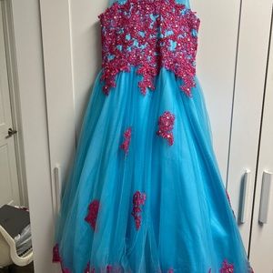 Girls Cinderella Princess Turquoise Embroidered Jeweled Tulle Dress (Size 10?)